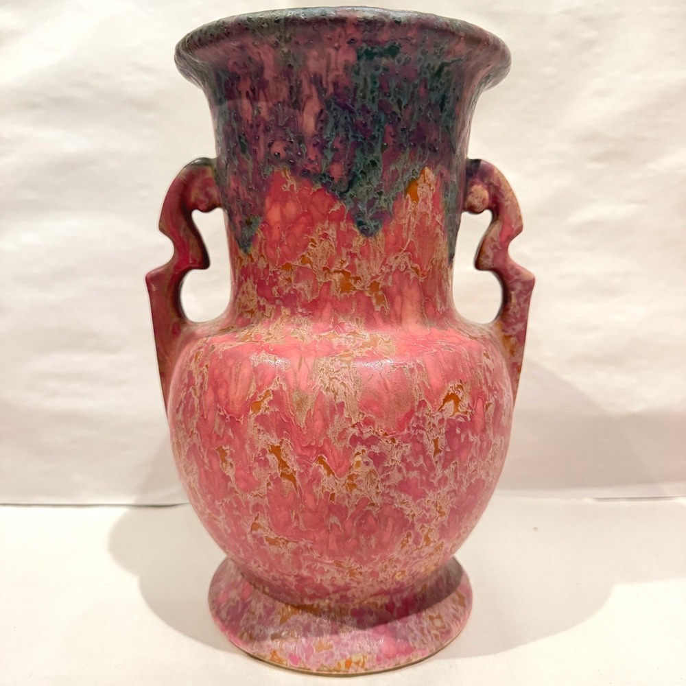 Antique Roseville Carnelian II 317-10 Rose Drip Glaze Handled Vase w/ OG Sticker